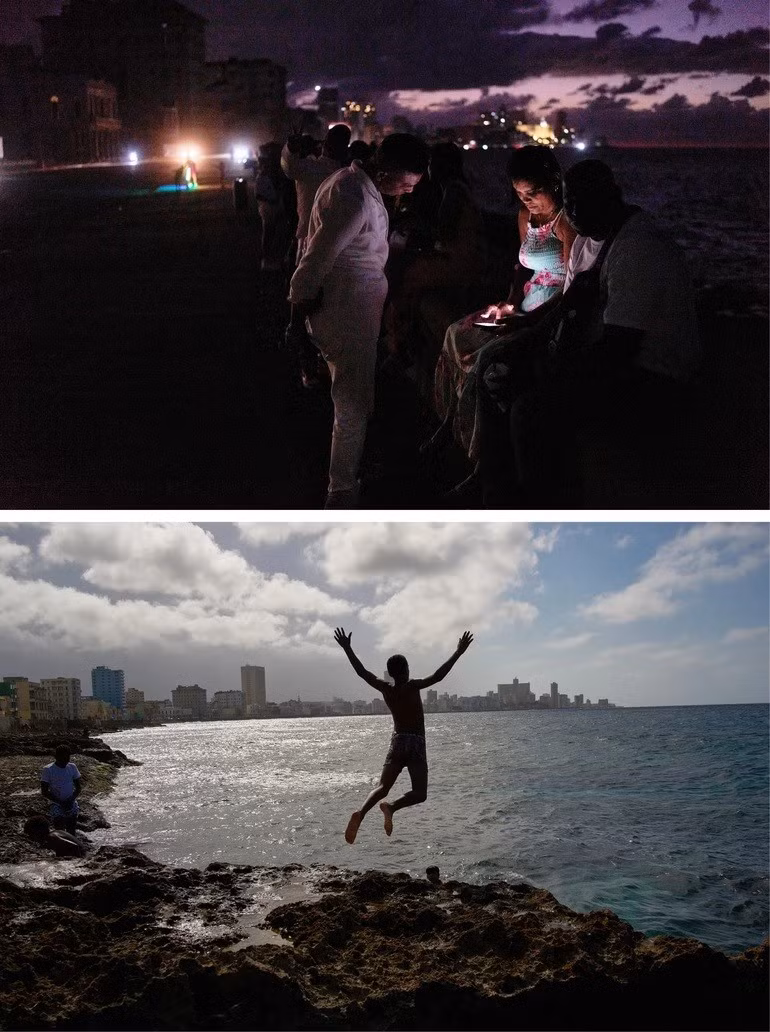 Trên: Người dân qua đêm trong bóng tối trên đại lộ Malecon trong thời gian mất điện ở Havana, Cuba, ngày 21/3/2026. Dưới: Một thanh niên nhảy xuống biển tắm trong thời gian mất điện ở Havana, ngày 4/3/2026. Ảnh: Getty Images.