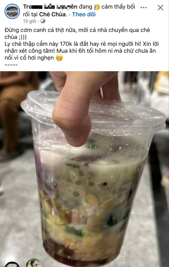 Bài đăng trên mạng xã hội phản ánh ly chè Chùa giá 170.000 đồng