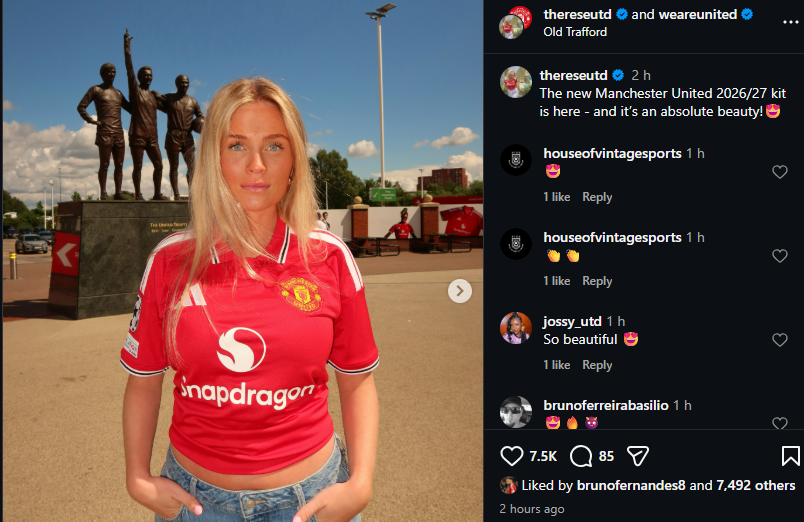 Đội trưởng MU Bruno Fernandes cũng bấm nút like cho bộ ảnh áo MU của Therese Gudmundsen