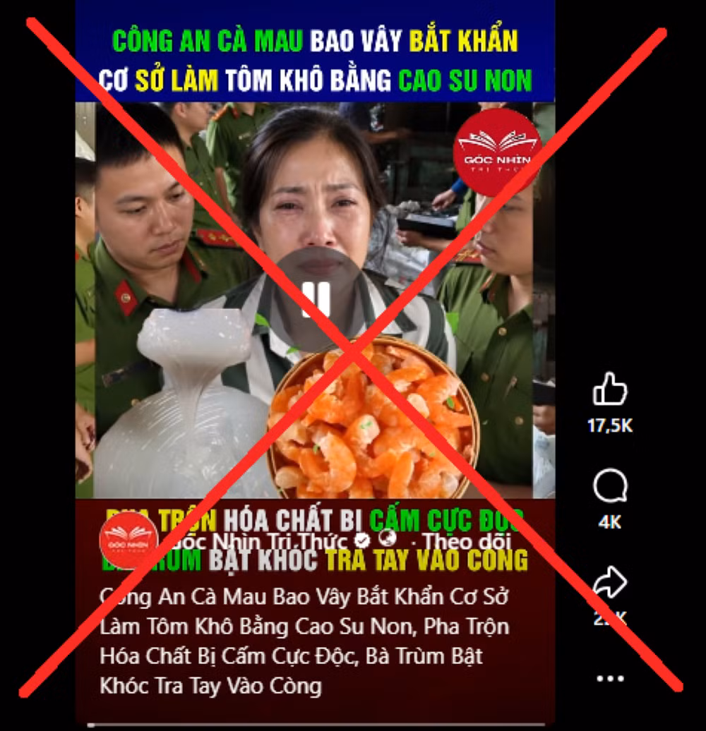 Thông tin sai sự thật về sản phẩm tôm khô Cà Mau thu hút hàng chục nghìn lượt tương tác và chia sẻ trên mạng xã hội. Ảnh: Chụp màn hình.