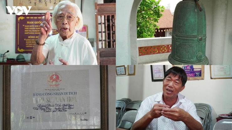 Cụ Nguyễn Phú Hải (trên bên trái) và ông Ngô Thế Trọng (dưới bên phải) cho biết, đình làng được công nhận di tích lịch sử quốc gia và chuông chùa Bắc Biên là bảo vật quốc gia.