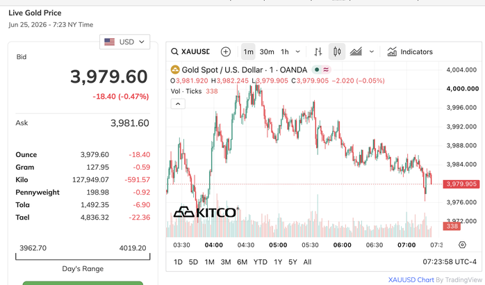 Giá vàng thế giới thủng các mốc hỗ trợ quan trọng và lùi sâu khỏi vùng 4.000 USD/ounce