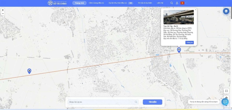 Ngoài việc đến trực tiếp, người dân có thể tra cứu các dự án qua website của Sở Tài chính Hà Nội. Trong ảnh là trục Hồ Tây - Ba Vì dự kiến được đầu tư 7.112 tỷ đồng theo hình thức đối tác công tư (PPP), đi qua xã Dương Hòa, phường Phú Diễn, xã Hòa Lạc, phường Xuân Phương, xã Hạ Bằng, xã Tây Phương, xã Quốc Oai, xã Hoài Đức, xã Sơn Đồng. Ảnh chụp màn hình. 