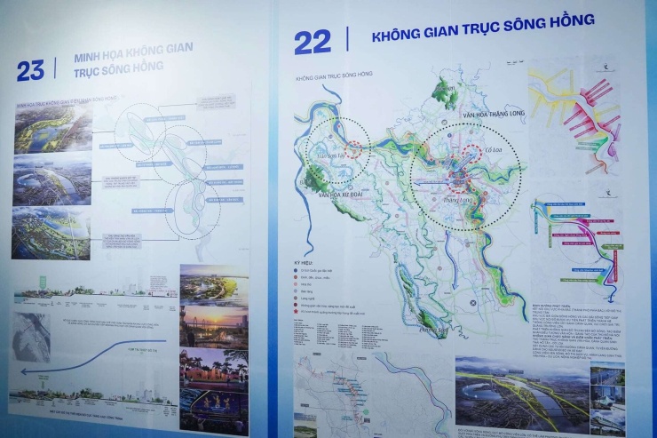 Tại triển lãi, người dân có thể xem sa bàn, bản đồ Quy hoạch Thủ đô Hà Nội tầm nhìn 100 năm. Quy hoạch có cấu trúc không gian phát triển theo mô hình “đa tầng, đa lớp, đa cực, đa trung tâm”, lấy sông Hồng làm trục cảnh quan sinh thái - văn hóa chủ đạo, gồm 09 cực phát triển, 09 trung tâm lớn và 09 trục động lực. Ảnh: Nguyễn Thắng. 