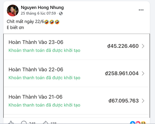 Ảnh chụp trang cá nhân vợ của Cục trưởng Cục Nghệ thuật Biểu diễn (NSND Xuân Bắc), bà Nguyễn Hồng Nhung chia sẻ những thành quả một ngày từ việc tiếp thị liên kết mang lại.
