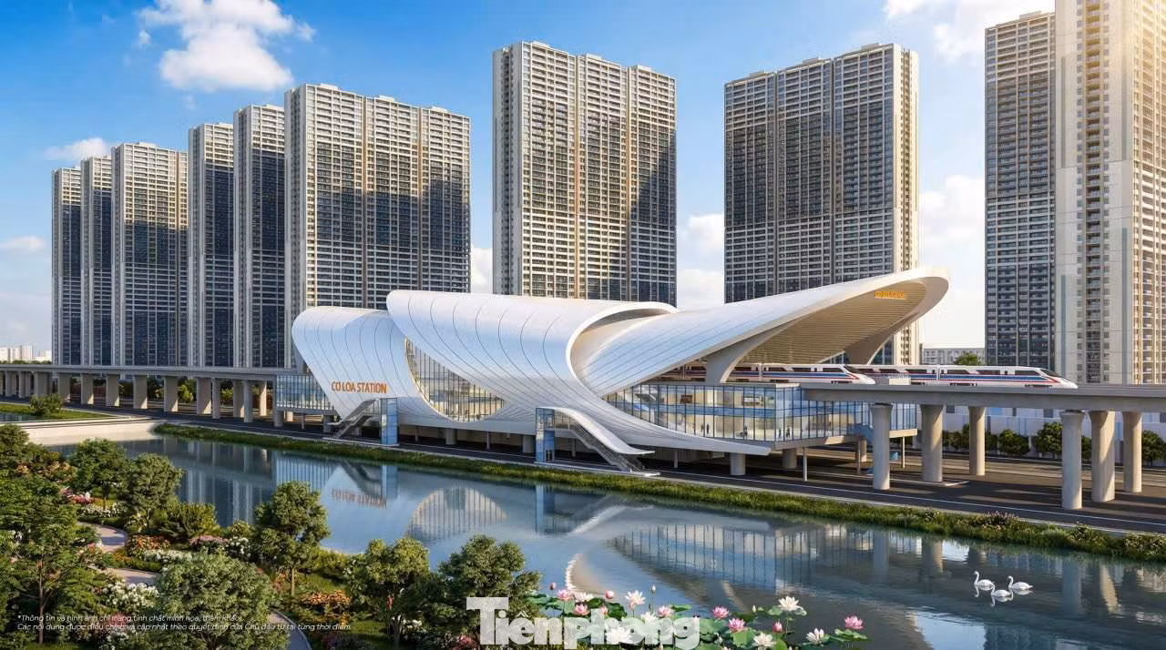 Phối cảnh ga Cổ Loa trên tuyến đường sắt tốc độ cao Hà Nội - Quảng Ninh với kiến trúc hiện đại, bao quanh là các khu đô thị.