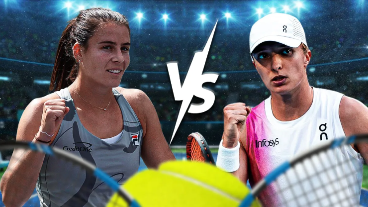 Đương kim vô địch Wimbledon Swiatek (bên phải) so tài với đối thủ có kĩ năng giao bóng rất tốt Navarro (bên trái)