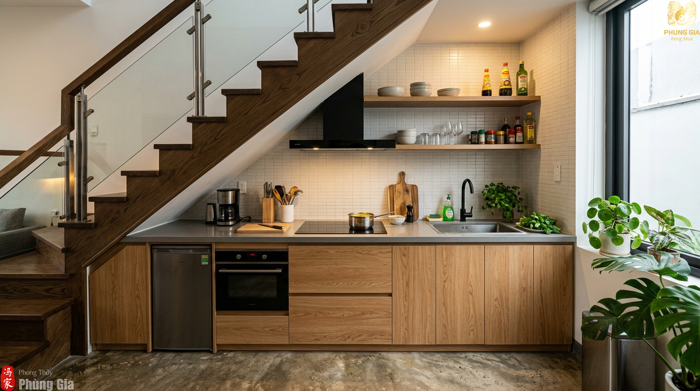 Bếp dưới gầm cầu thang giúp tiết kiệm diện tích nhưng dễ gây cảm giác chật chội, bí bách.