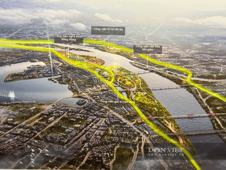 Hạng mục trung tâm là tuyến đại lộ cảnh quan dài khoảng 80 km. Trong đó, Đại lộ cảnh quan Hữu Hồng dài khoảng 45,35 km, kéo dài từ cầu Hồng Hà đến cầu Mễ Sở qua các khu vực Đông Ngạc, Phú Thượng, Lĩnh Nam, Thanh Trì và Nam Phù. Ở phía đối diện, Đại lộ cảnh quan Tả Hồng dài khoảng 35 km, kết nối Mê Linh, Đông Anh, Long Biên và Bát Tràng trước khi nối xuống cầu Mễ Sở. Ảnh: Anh Văn