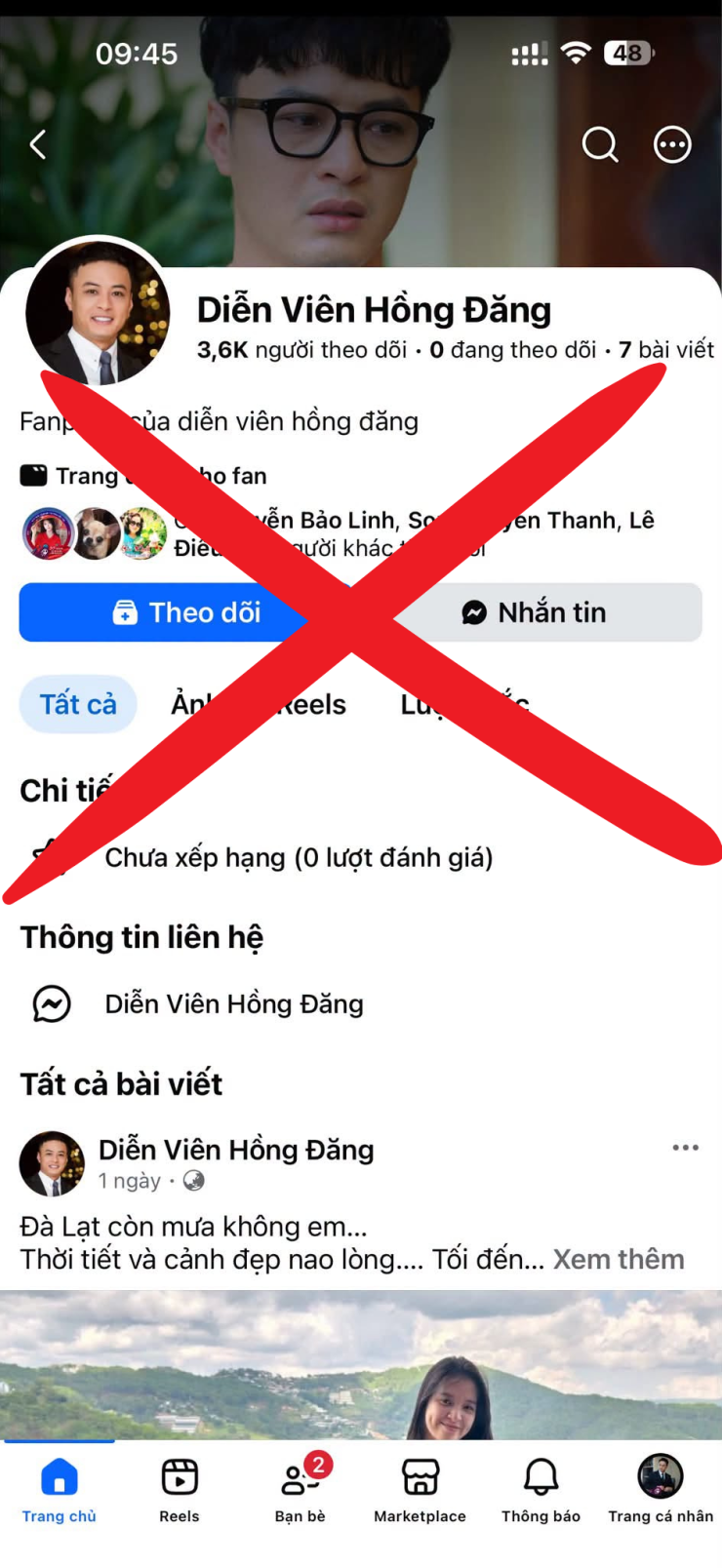 Trang giả mạo Hồng Đăng. Ảnh: FBNV