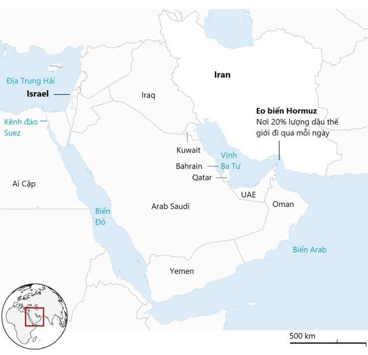 Vị trí Iran, Bahrain và Kuwait. Đồ họa: Guardian