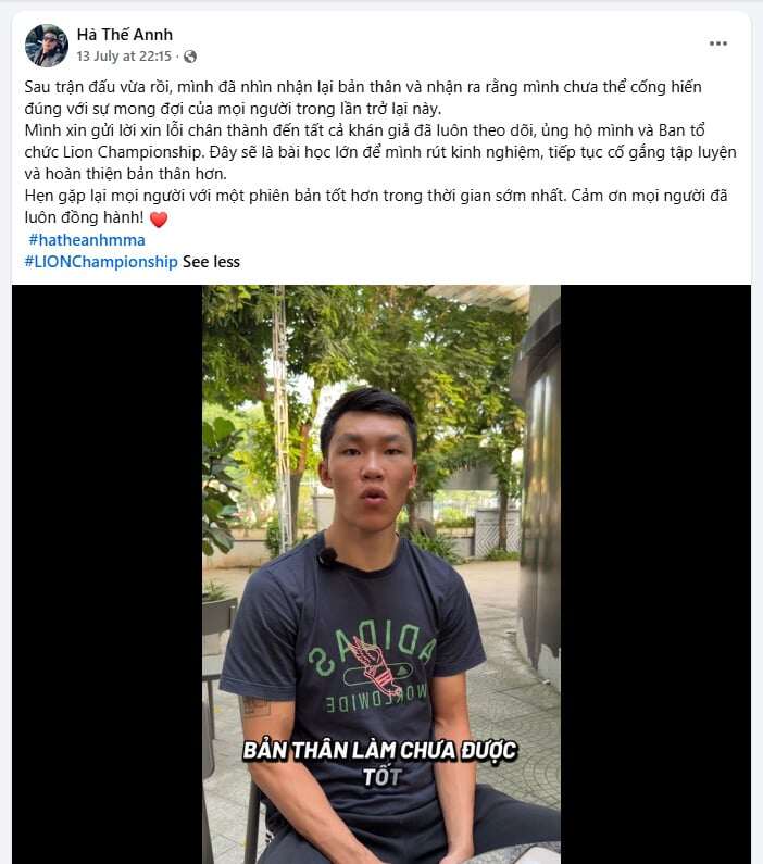 Võ sĩ Hà Thế Anh đăng bài xin lỗi trên mạng xã hội.