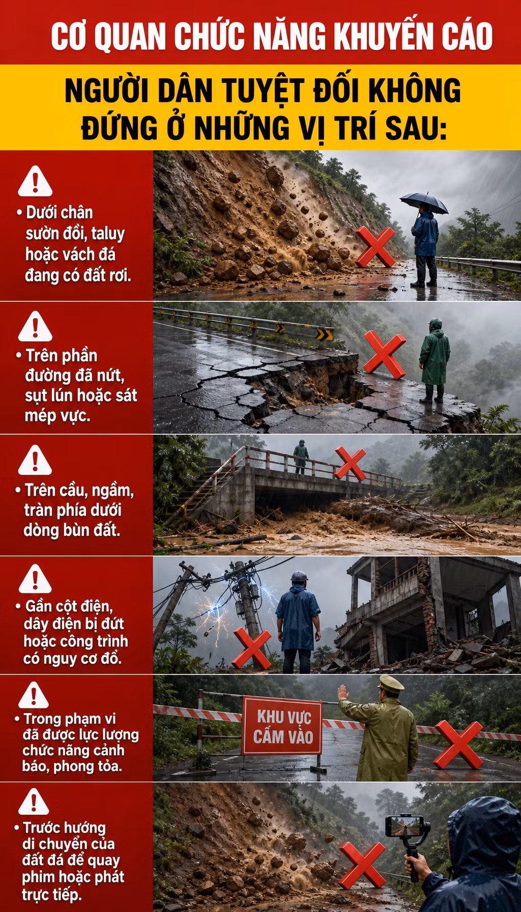 Cơ quan chức năng khuyến cáo, khi phát hiện sạt lở, người dân cần lập tức rời khỏi khu vực nguy hiểm, tuyệt đối không dừng lại để quay phim, chụp ảnh