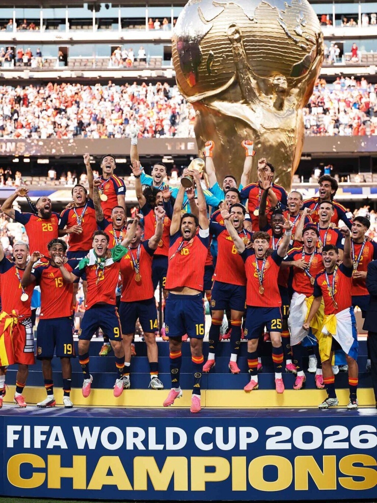 Bức ảnh do FIFA đăng trên X, cho thấy khoảnh khắc đội tuyển Tây Ban Nha nâng cúp, trong đó hình ảnh ông Trump đã bị cắt. Ảnh: X/ FIFA World Cup