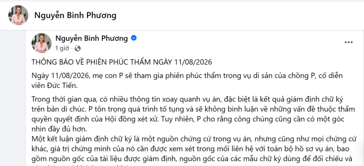Hoa hậu Bình Phương thông báo trước&nbsp;trước phiên phúc thẩm vụ tranh chấp di sản của cố diễn viên Đức Tiến. Ảnh: Chụp màn hình