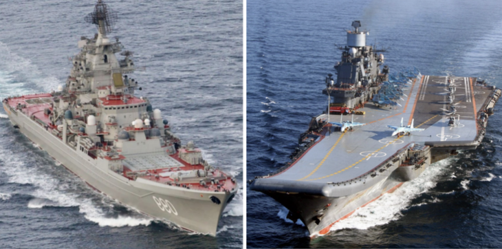 Tàu tuần dương lớp Kirov của Nga (bên trái) và tàu sân bay lớp Kuznetsov. (Ảnh: MW)
