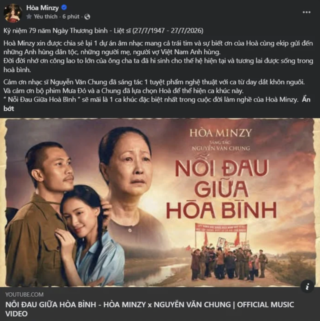 Nhân dịp kỷ niệm 79 năm Ngày Thương binh - Liệt sĩ (27/7/1947 - 27/7/2026), Hòa Minzy đã đăng tải bài viết đầy cảm xúc trên trang cá nhân.