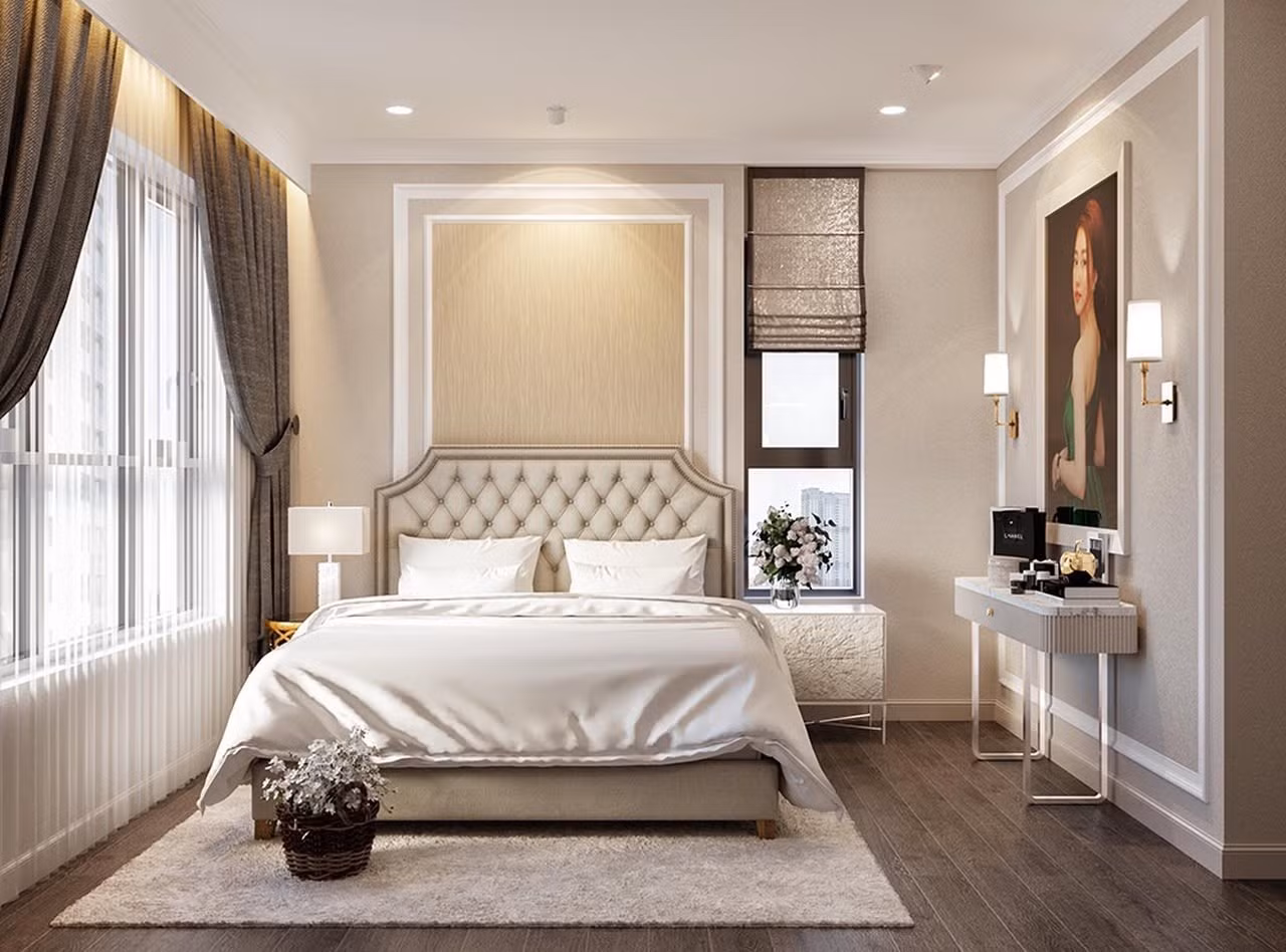 Phòng ngủ được thiết kế thông với phòng thay đồ. Điểm nhấn là bức chân dung khổ lớn treo trên tường.