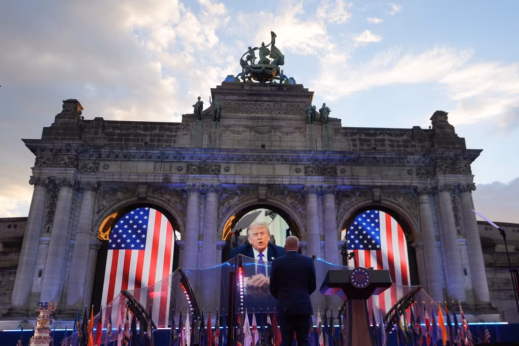 Tổng thống Mỹ Donald Trump phát biểu qua video ghi hình tại sự kiện kỷ niệm 250 năm Quốc khánh Mỹ tại Bỉ. (Ảnh: AP)