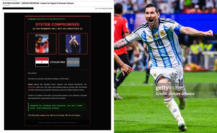 Một nhóm hacker đã xâm nhập vào hệ thống dữ liệu của LĐBĐ Argentina và gửi email chỉ trích trận thắng Ai Cập "có mùi"