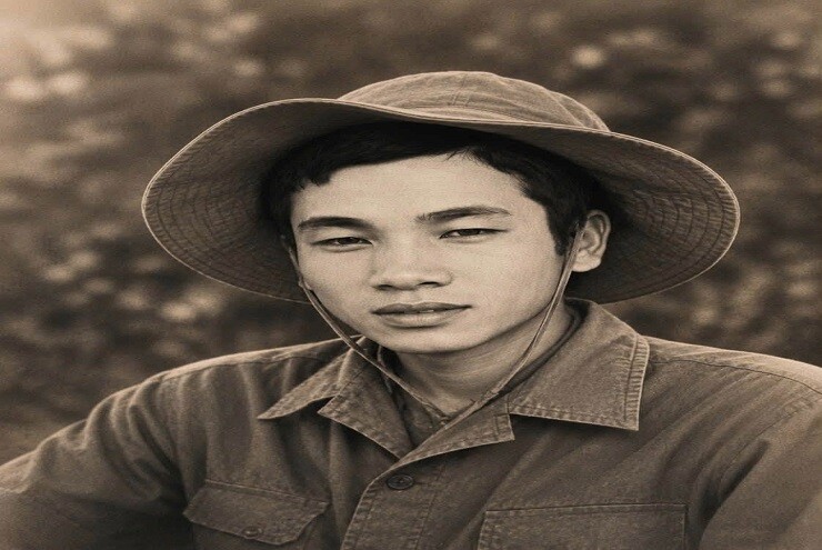Bức ảnh chân dung được tìm thấy tại hố chôn tập thể liệt sĩ xã Minh Đức được phục dựng. Ảnh: Đội K72