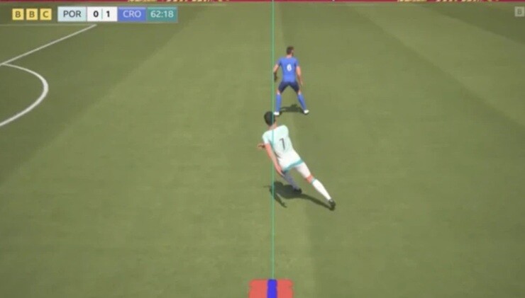 Ronaldo bị xác định việt vị do phần vai đã vượt lên trên hàng thủ đối phương
