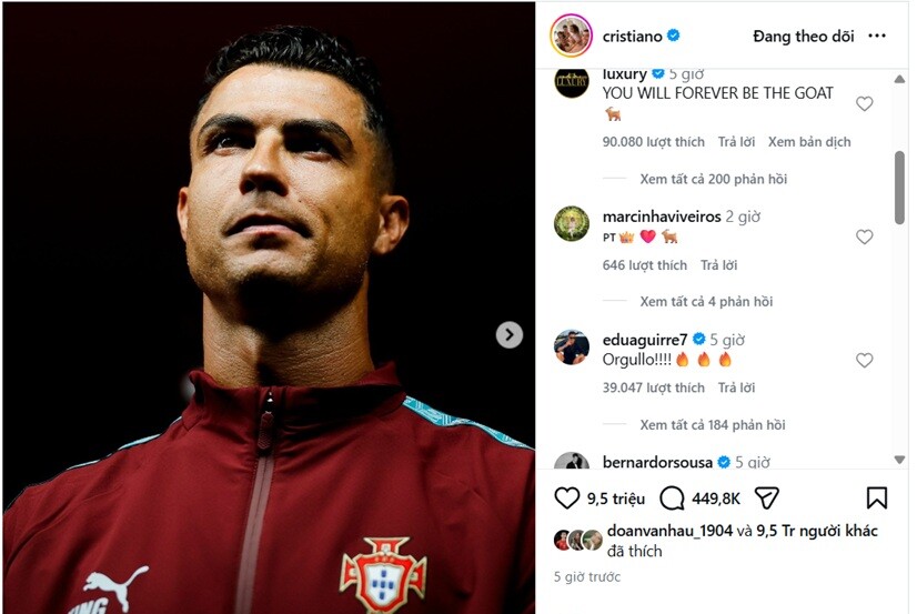 Ronaldo đăng ảnh mặc áo ĐT Bồ Đào Nha kèm lời nhắn "Mãi mãi Bồ Đào Nha"