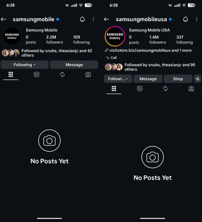 Tài khoản Instagram của Samsung trống trơn.
