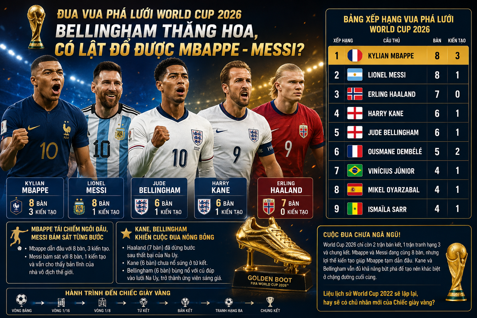Đua Vua phá lưới World Cup: Bellingham thăng hoa, có lật đổ Mbappe - Messi? - 1