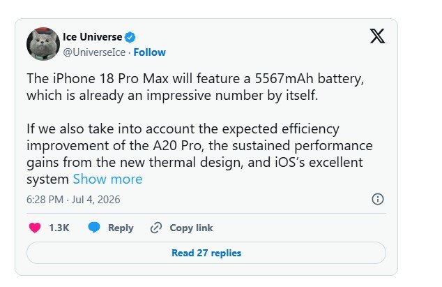 Tin đồn về iPhone 18 Pro Max.