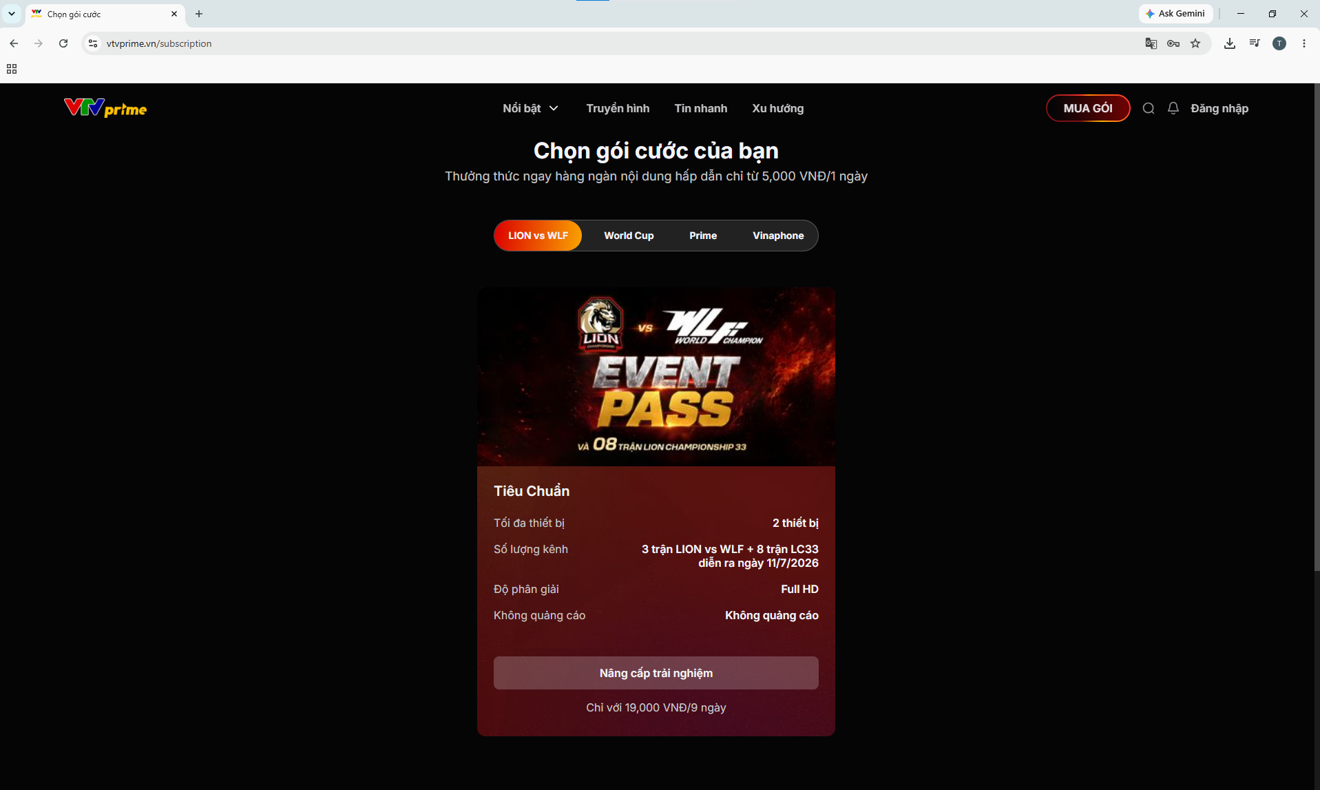 Giao diện mua gói sự kiện LION vs WLF trên website vtvprime.vn