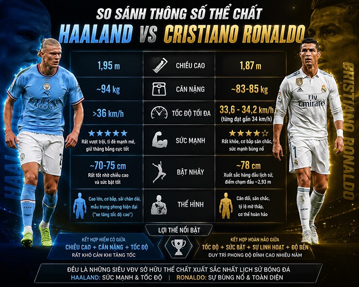 Bộ thông số "ngoài hành tinh" của Haaland và Ronaldo