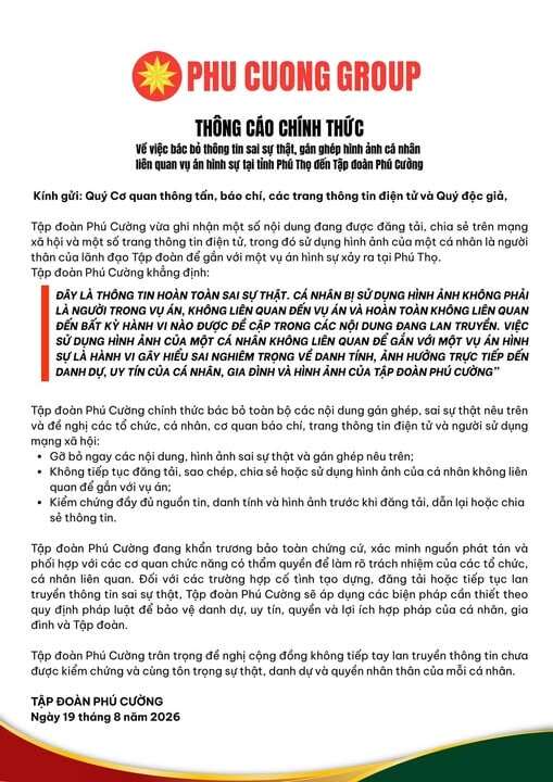 Thông báo của Phú Cường trên fanpage tích xanh "Tập đoàn Phú Cường".