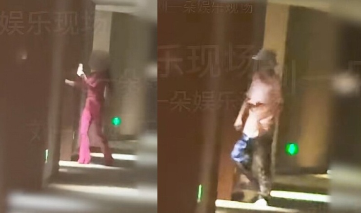 Bao Bối Nhĩ và cô gái áo đỏ vào khách sạn. Ảnh: Weibo