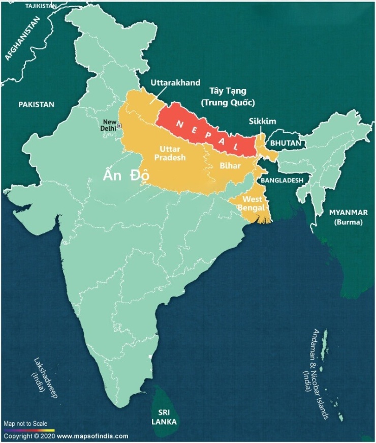 Vị trí Nepal và bang Uttar Pradesh của Ấn Độ. Đồ họa: Maps of India