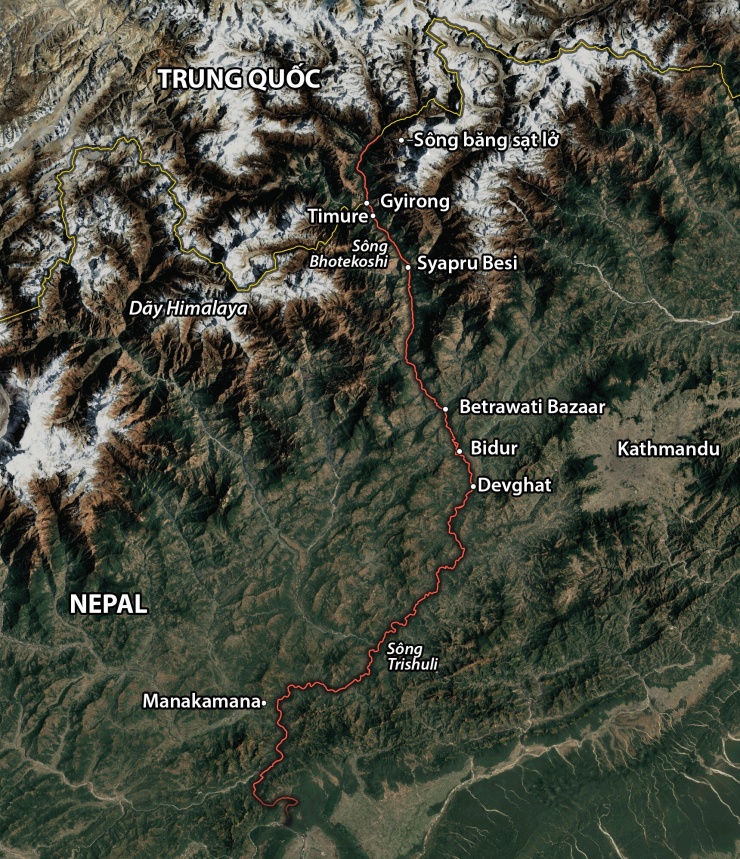 Vị trí các khu vực bị lũ quét ảnh hưởng ở Nepal. Đồ họa: Guardian