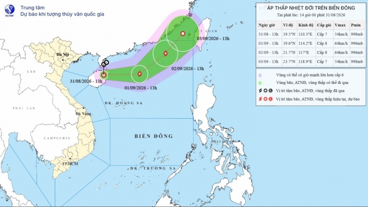 Bản đồ dự báo quỹ đạo và cường độ áp thấp nhiệt đới lúc 14h00 ngày 31/8/2026.