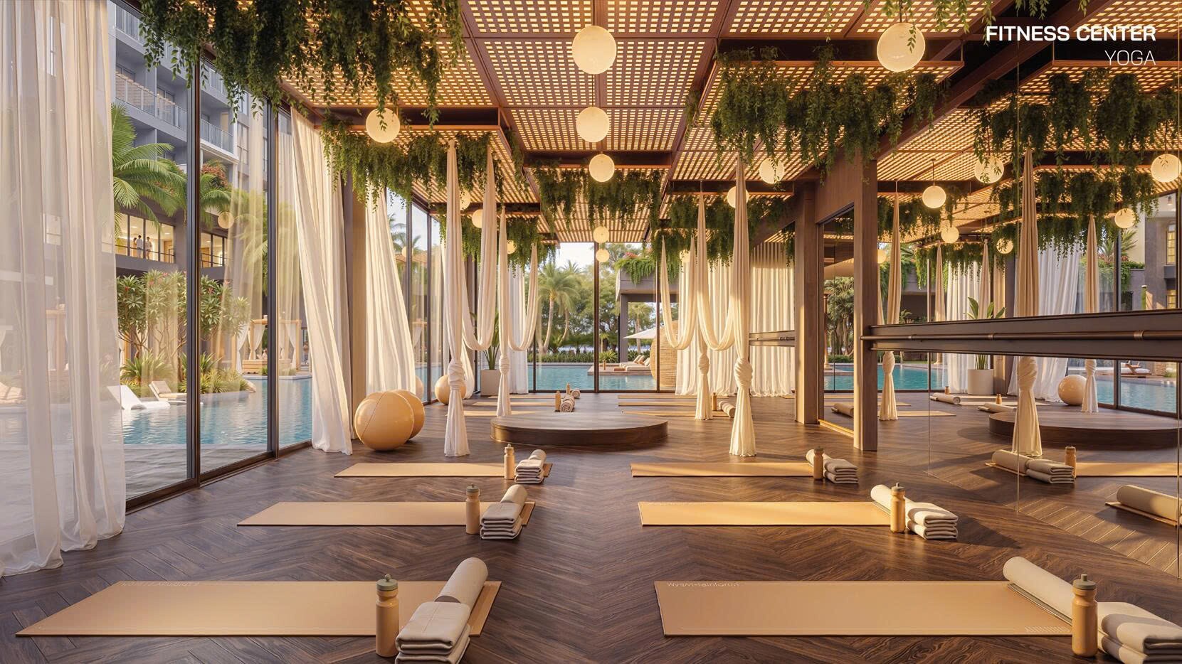 Không gian tầng 2 thượng lưu tích hợp bể bơi resort và phòng tập Yoga/Fitness tràn ngập ánh sáng tự nhiên.