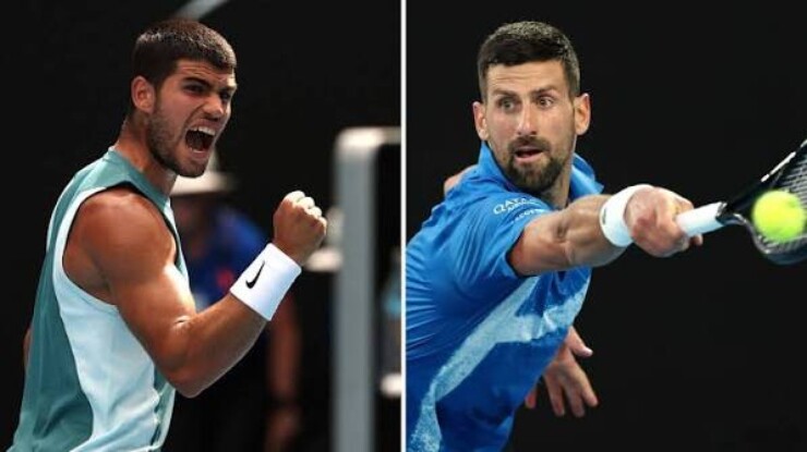 Alcaraz (bên trái) đặc biệt nể phục tài cứu bóng của đàn anh Djokovic (bên phải)