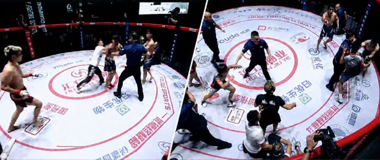Hoàng Tiến Trung và Võ Thanh Tùng bị nhóm người Trung Quốc tràn lên sàn sau trận thắng