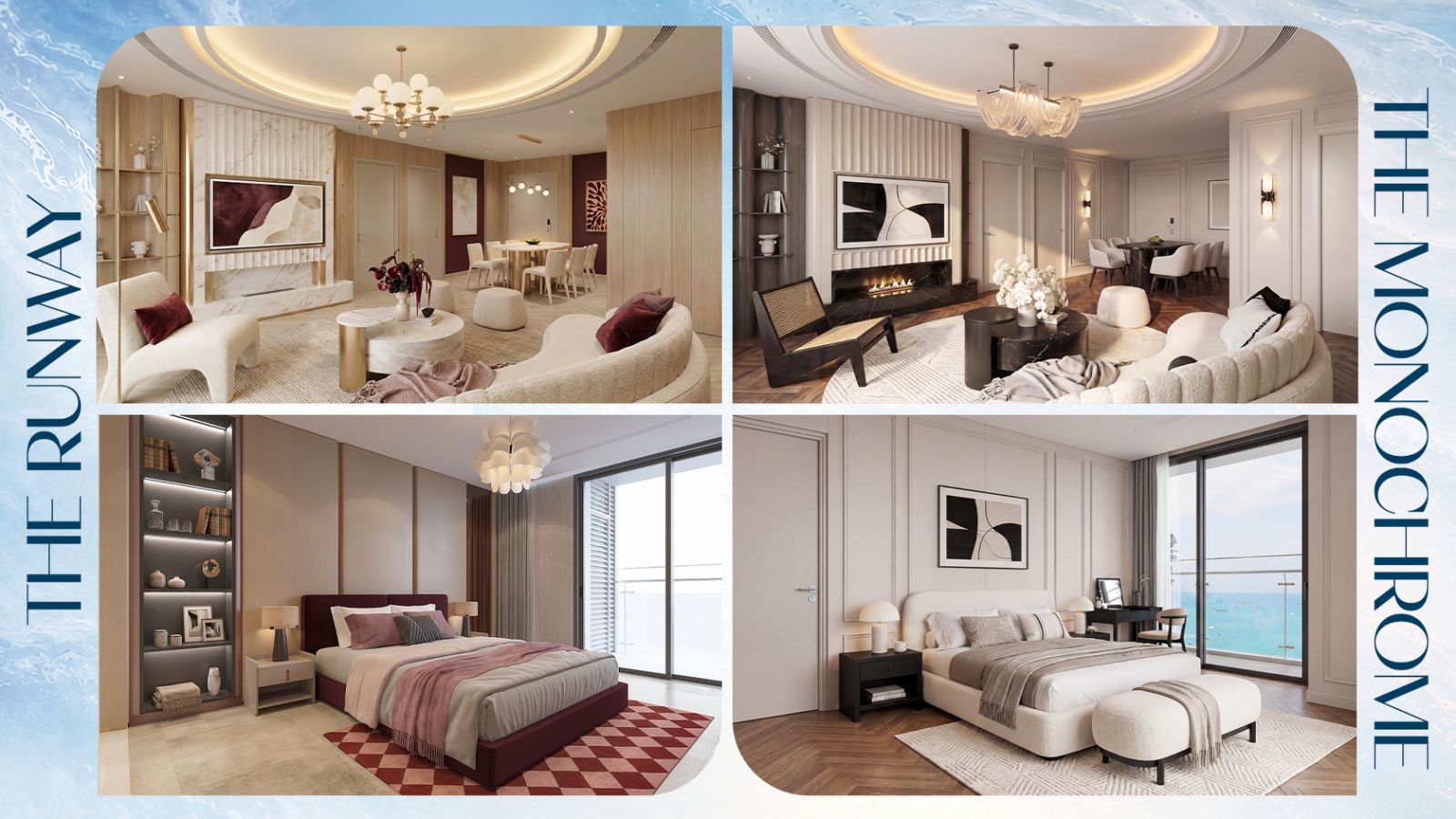 Nội thất bàn giao hoàn thiện theo chuẩn 5 sao theo 2 phong cách: Sắc hồng ấm Earth Pink của The Runway và tinh thần tối giản của The Monochrome.
