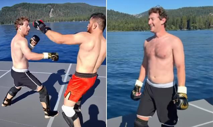 Mark Zuckerberg (quần đen) giao lưu MMA cùng nhà cựu&nbsp;vô địch UFC Merab Dvalishvili trên sàn đấu nổi giữa hồ Tahoe