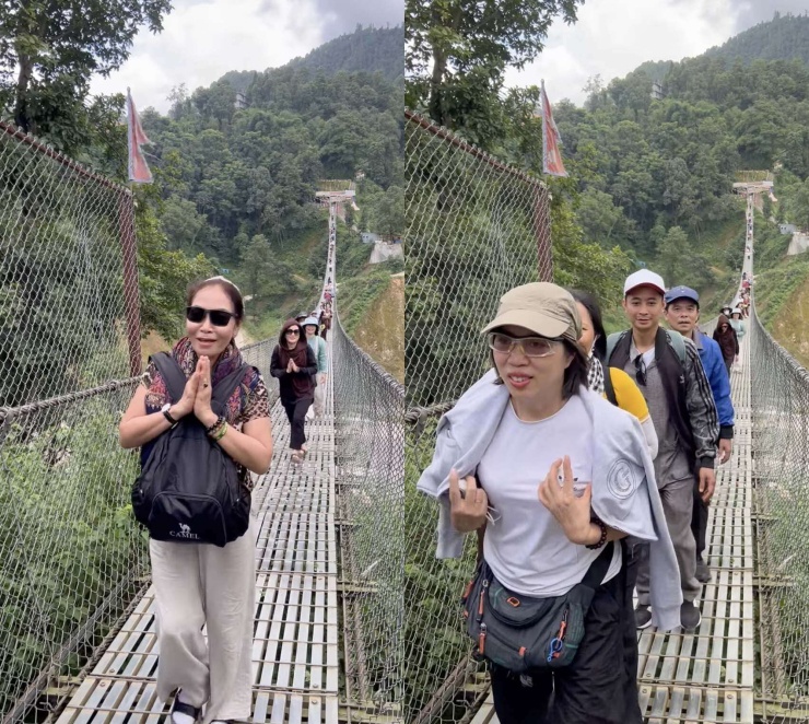 Trong thời gian chờ sắp xếp lại chuyến đi, đoàn 100 khách Việt đã đi tham quan, trải nghiệm cầu treo Rani Jhula (hay Bageshwori Nagarkot) dài 250 mét, nằm tại An Danda, Bastola Gaun trên cung đường đi bộ dã ngoại dẫn đến Nagarkot, Nepal. (Ảnh: Phạm Minh Trí)