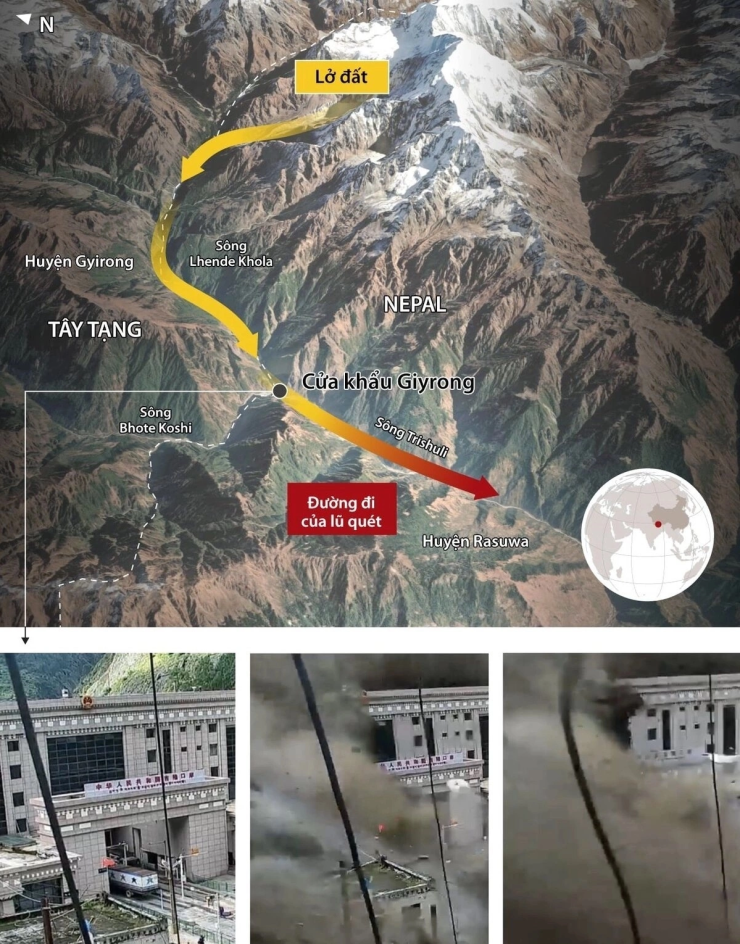Đường đi của lũ quét như sóng thần ở biên giới Nepal - Trung Quốc ngày 26/8. Đồ họa: Reuters