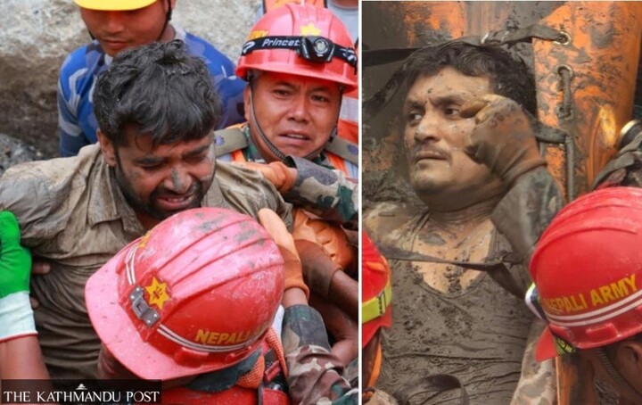 Hai công nhân Sanjay Sah (trái) và Kabir Maharjan được cứu sống sau trận lũ quét. (Ảnh: Kathmandu Post)