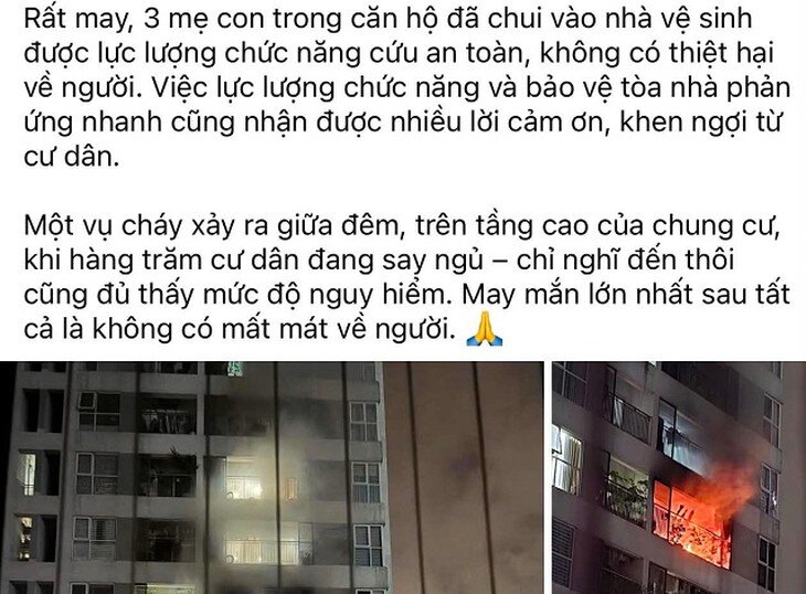 Hình ảnh một trang thông tin đăng tải chi tiết "rất may" 3 mẹ con trong căn hộ đã chui vào nhà vệ sinh và được lực lượng chức năng cứu an toàn. Ảnh: Đ.T.