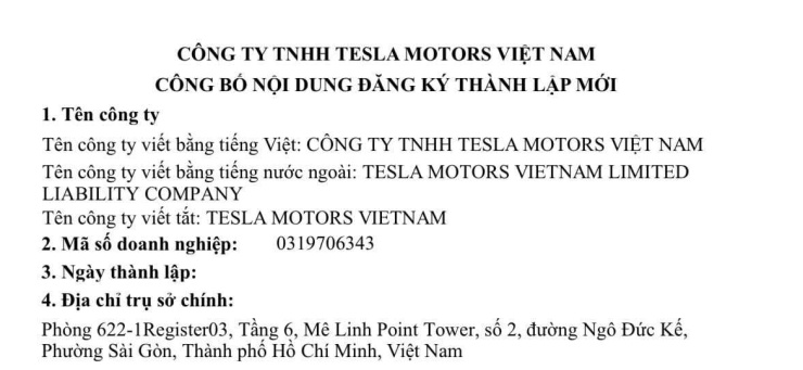 Thông tin về Tesla Motors Việt Nam. Ảnh: Cổng Thông tin Quốc gia về Đăng ký Doanh nghiệp.