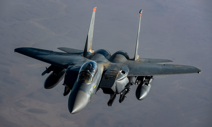 Tiêm kích F-15E Mỹ bay tại Trung Đông tháng 7/2025. Ảnh: USAF