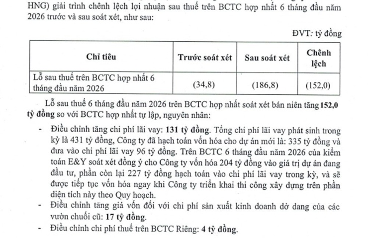 HNG giải trình thua lỗ nặng hơn trong 6 tháng đầu năm 2026. Nguồn: HNG