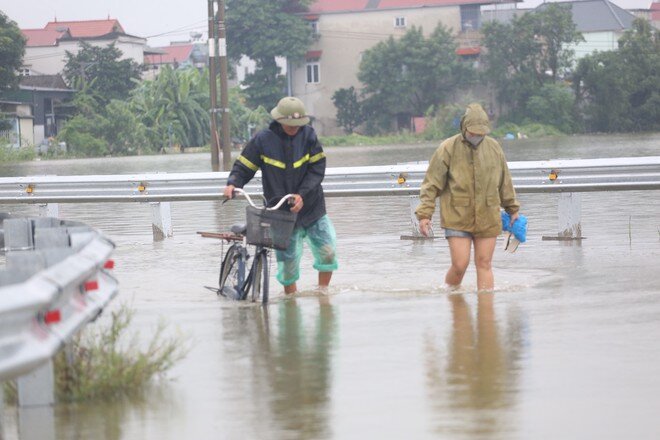Sông Tích tràn bờ, dân ven đô Hà Nội chèo thuyền mua mì tôm, chăng lưới chắn rác trước nhà - 7